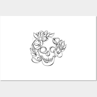 Minimalistic Continuous Line Skull with Poppies Posters and Art